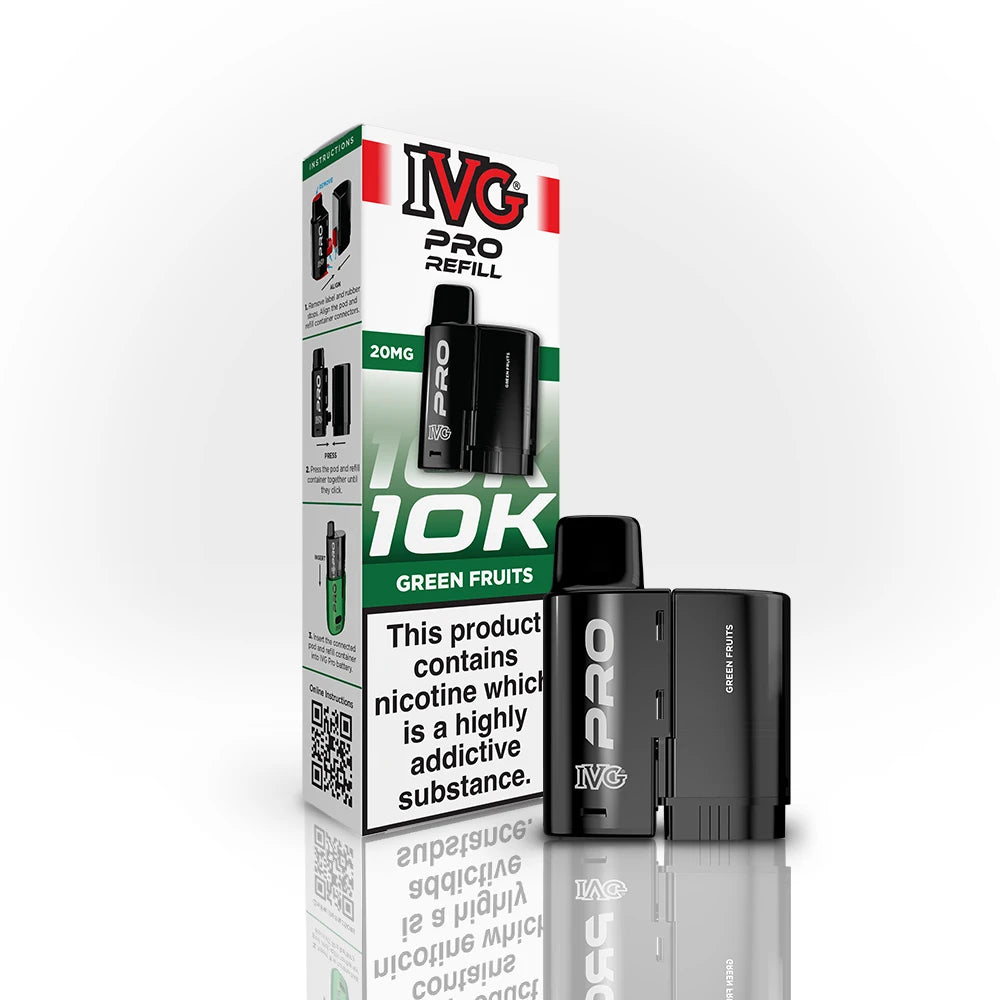 IVG Pro Refill 10K Green Fruits vape device and packaging on a white background