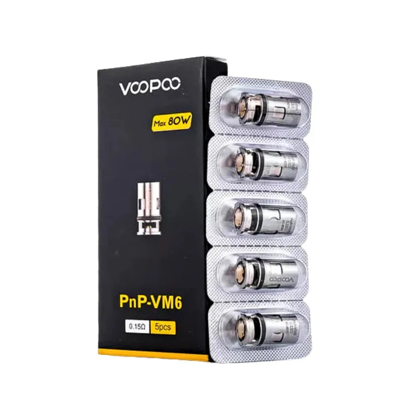 VOOPOO PnP-VM6 vape coils packaging with black box and clear packages on a white background