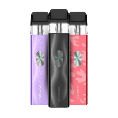 Three Vaporesso vaping devices in purple, black, and pink on a white background