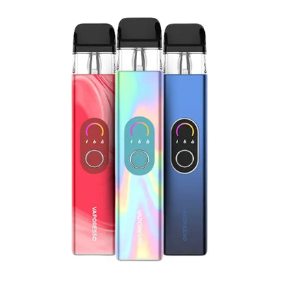 Three Vaporesso vaping devices in red, rainbow, and blue on a white background