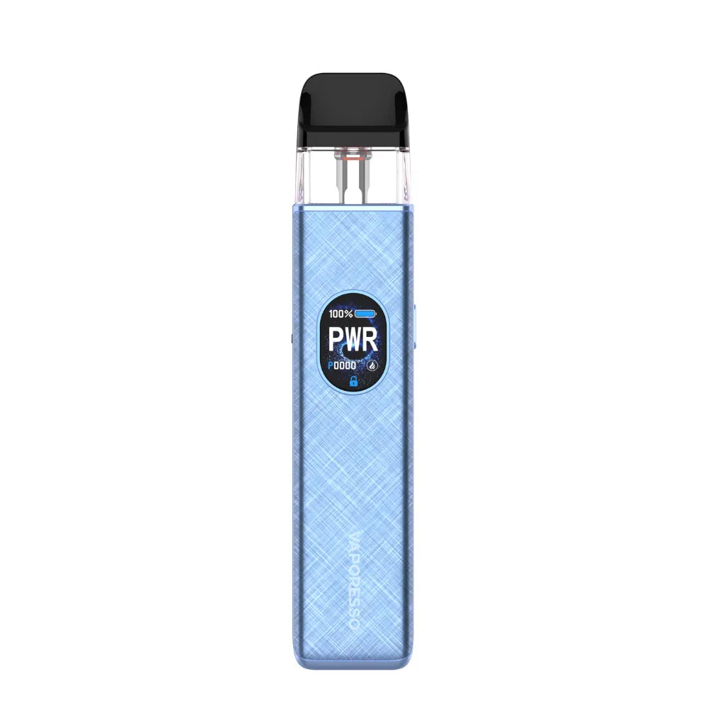 Blue vape device with label on a white background