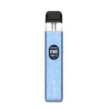 Blue vape device with label on a white background
