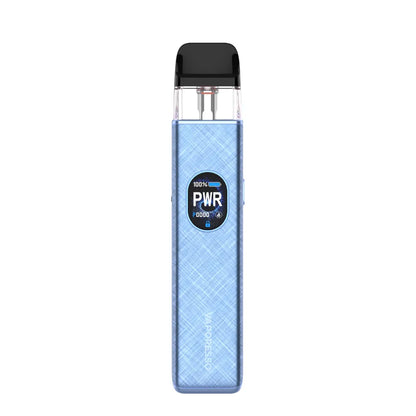 Blue vape device with label on a white background