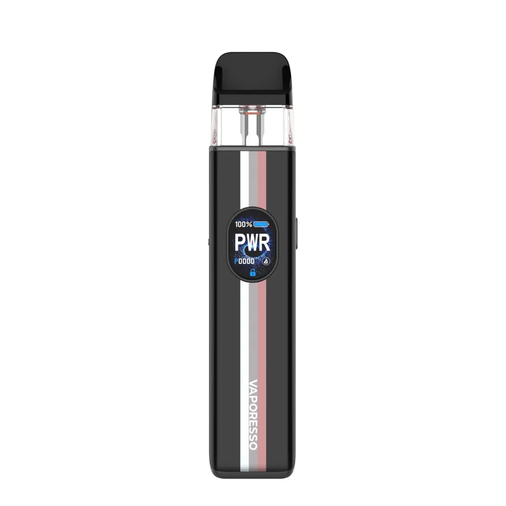 Black vape device with a blue label on a white background