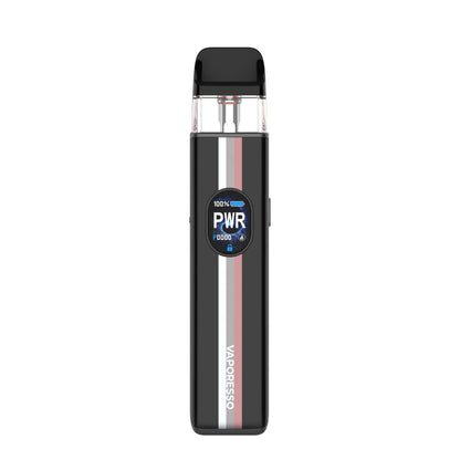Black vape device with a blue label on a white background