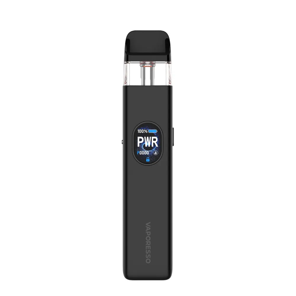 Black vape device with digital display on a white background