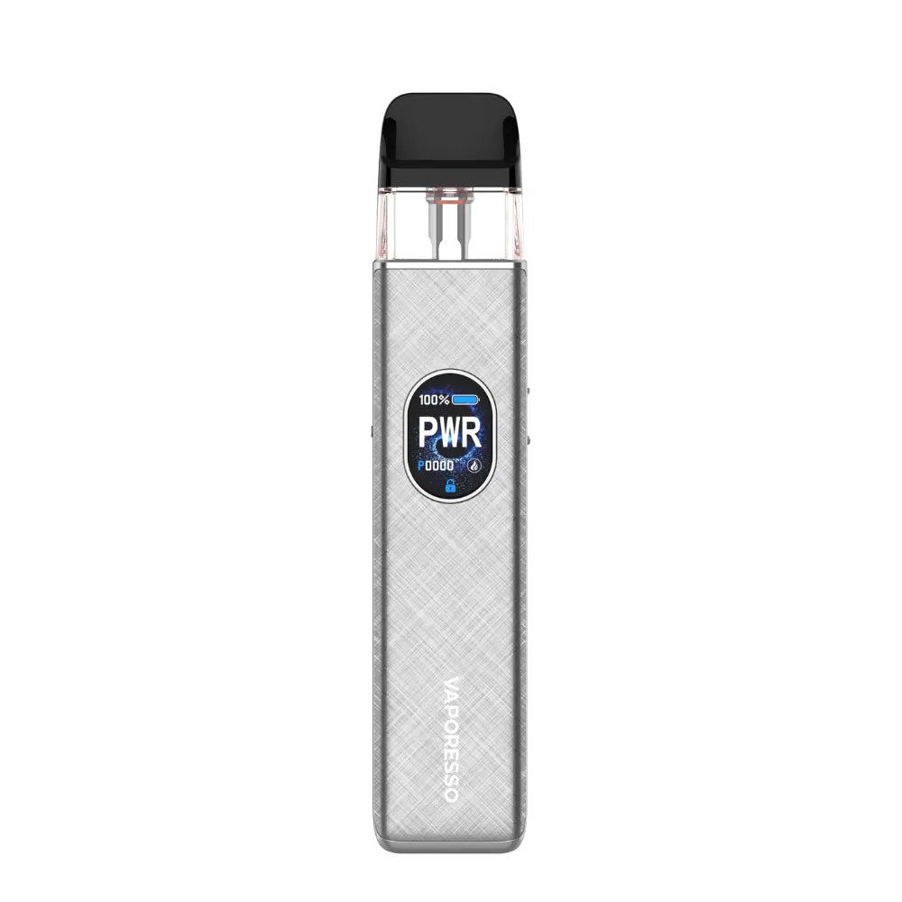 Silver vape device with a black top on a white background