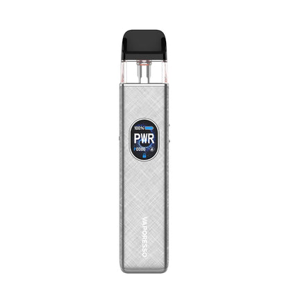 Silver vape device with a black top on a white background