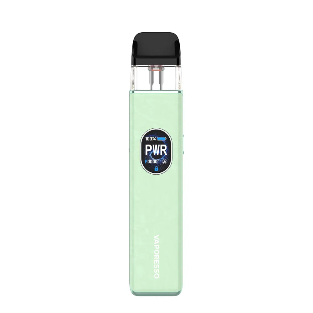 Mint green vape device with label on a white background