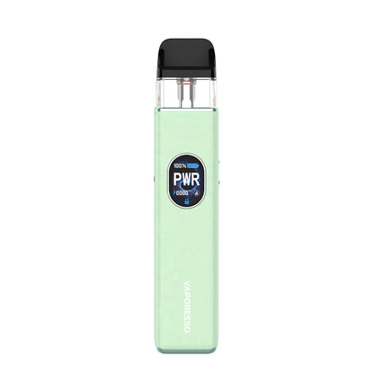 Mint green vape device with label on a white background