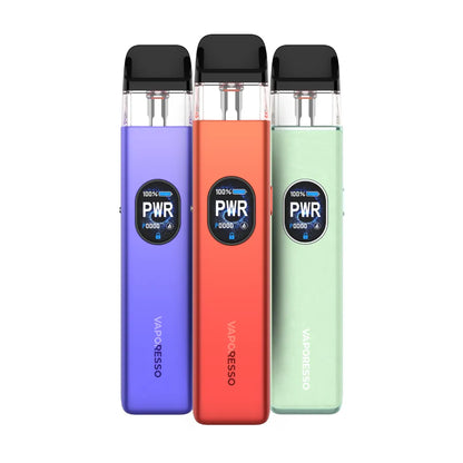 Three Vaporesso vaping devices in purple, red, and green on a white background