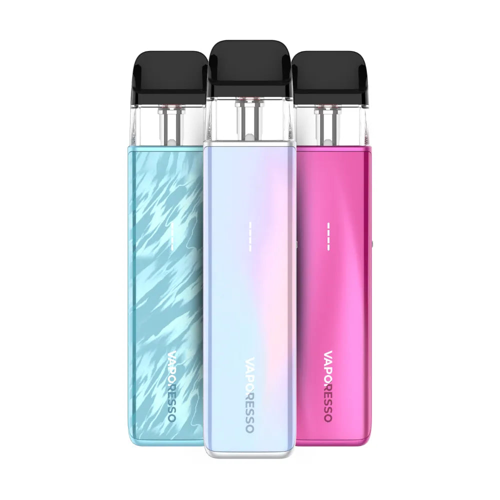 Three Vaporesso vaping devices in blue, white, and pink on a white background