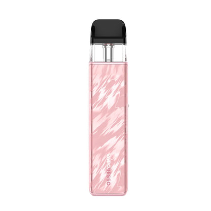 Pink and white marbled vape device with black top on a white background
