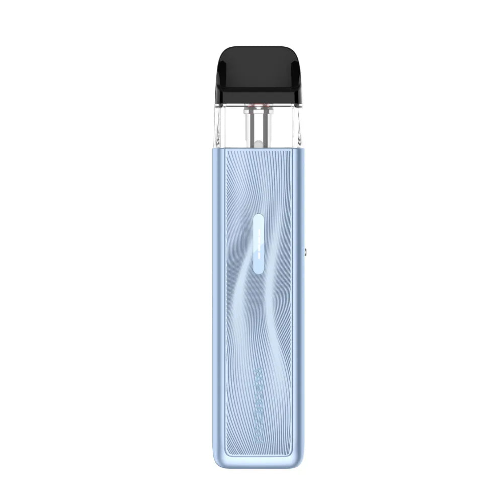 Clear blue vape device with black top on a white background