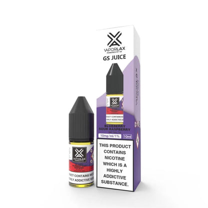 Vaporlax GS Juice Blueberry Sour Raspberry vape juice bottle and packaging on a white background