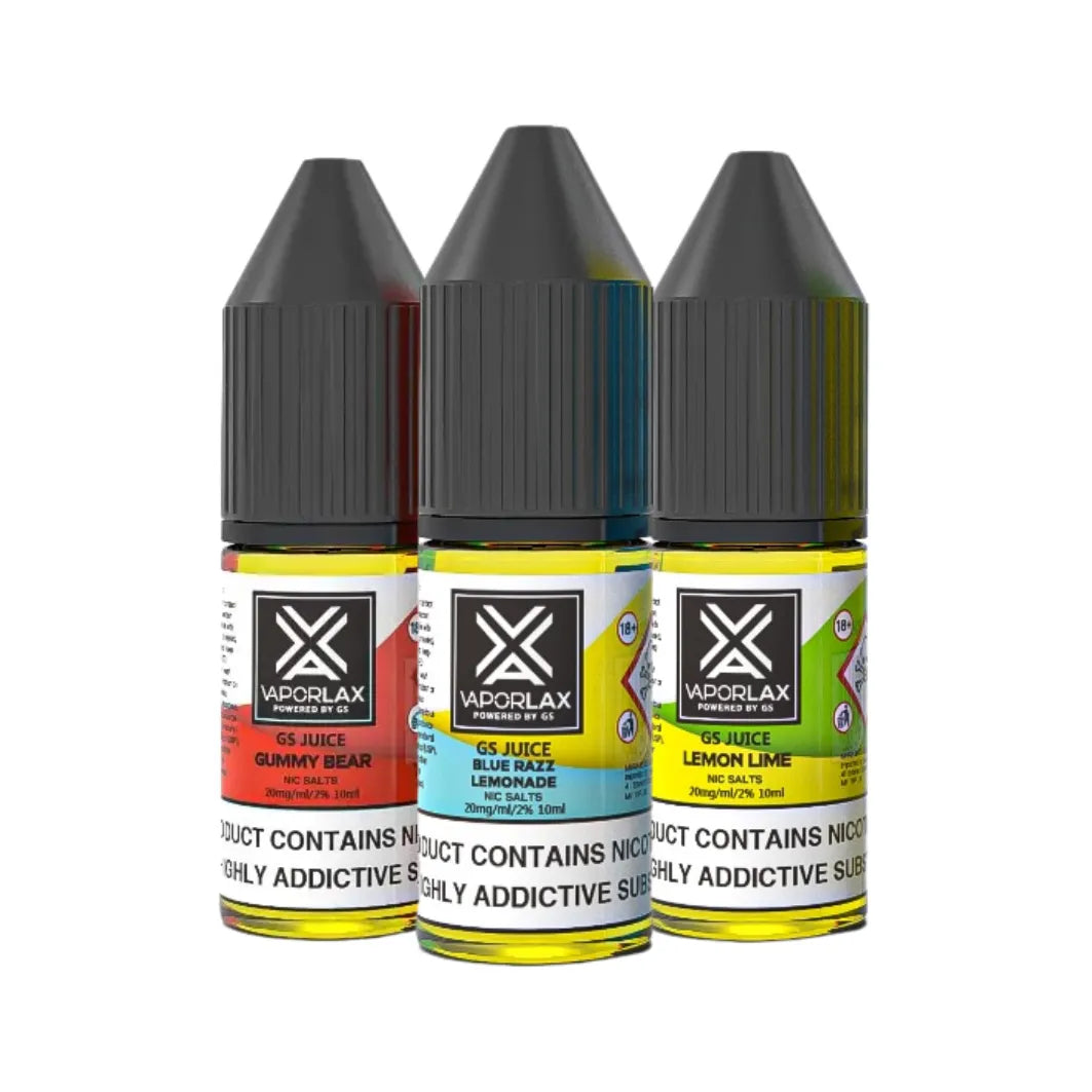 Three bottles of Vaporlax e-liquid with colourful labels on a white background