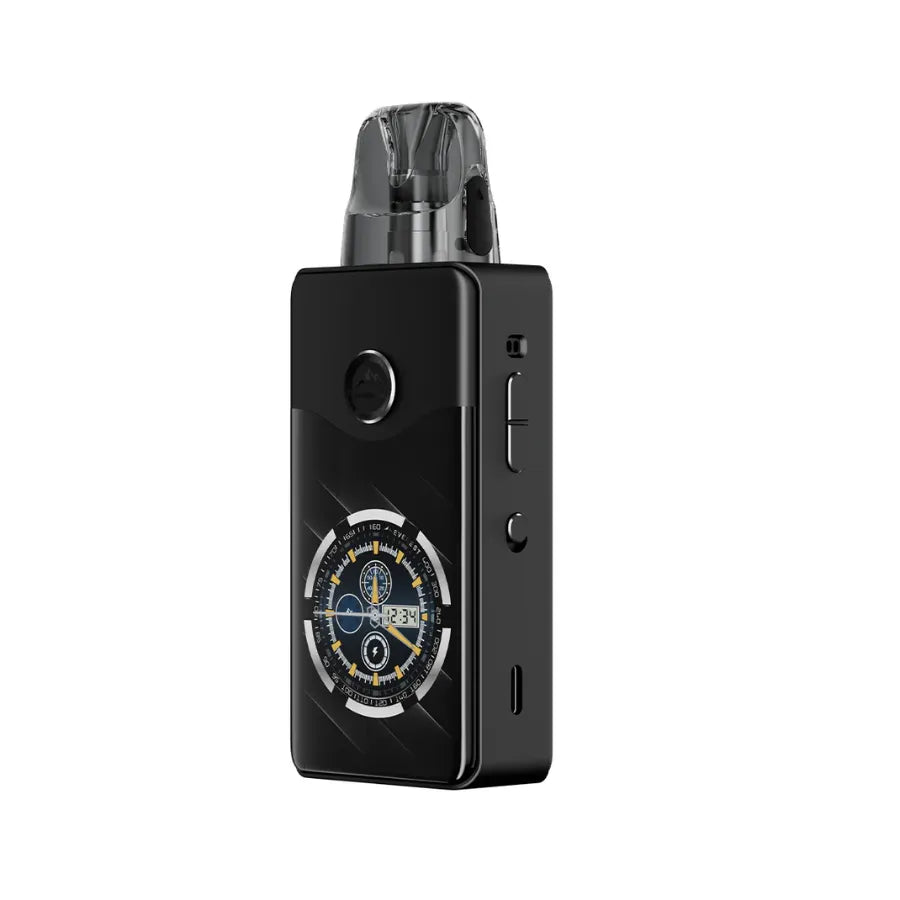 Black electronic Voopoo E120 Vinci  device with a compass design on a white background