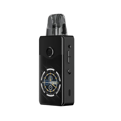 Black electronic Voopoo E120 Vinci  device with a compass design on a white background