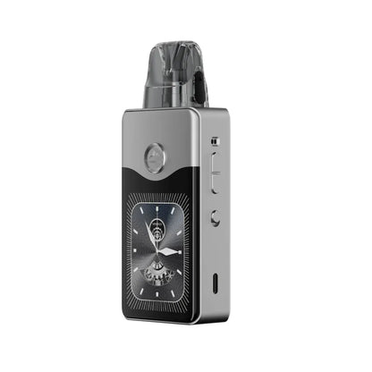Silver electronic Voopoo E120 Vinci  device with a clock design on a white background