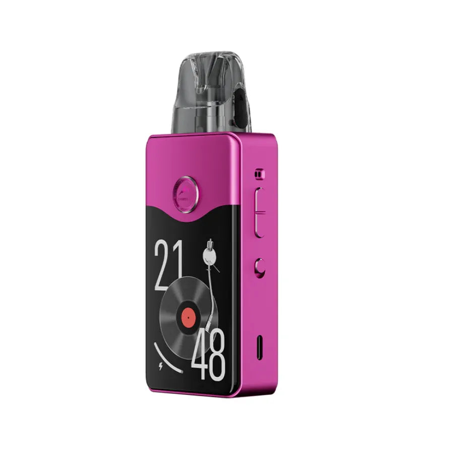 Pink and black electronic Voopoo E120 Vinci device with digital display on a white background