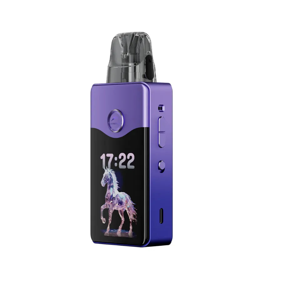 Purple electronic Voopoo E120 Vinci device with digital display and unicorn illustration on a white background