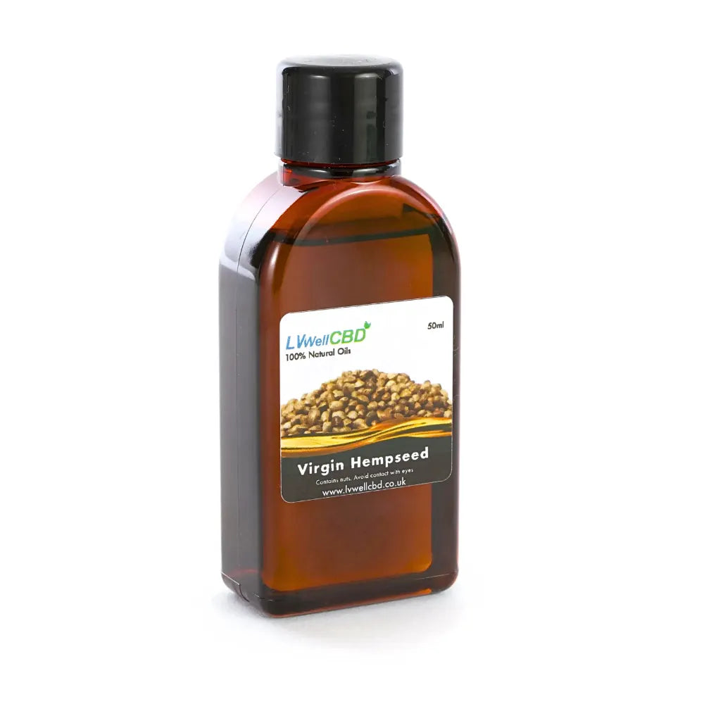 Bottle of Virgin Hempseed oil with LWellCBD label on a white background
