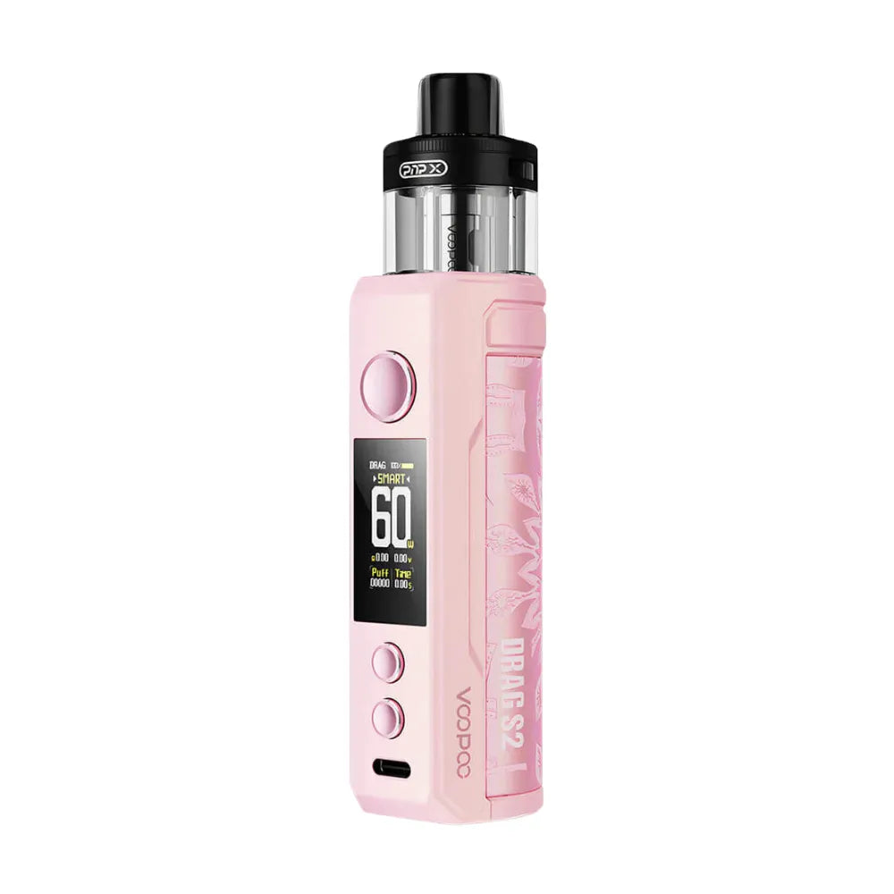 Pink vape device with black top on a white background