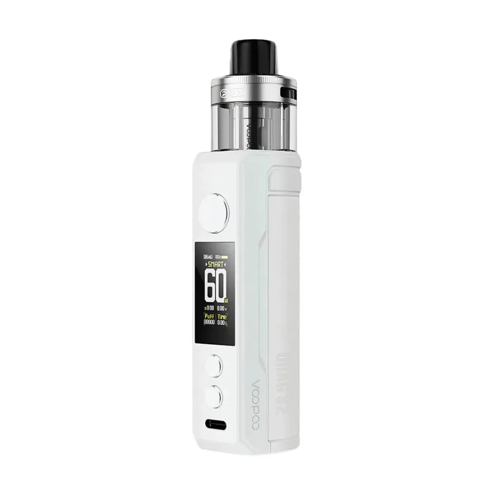White vape device with black top on a white background
