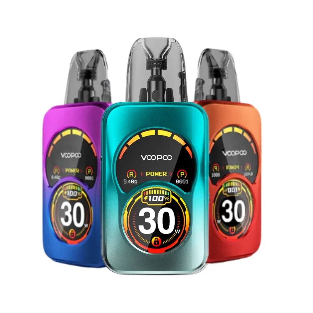 Three Voopoo vape devices in purple, blue, and red on a white background