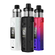 Three vaping devices in white, black, and multicolor on a white background