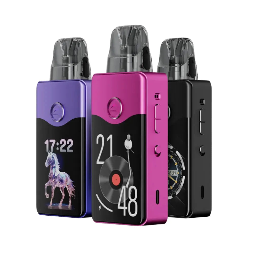 Three electronic Voopoo E120 Vinci devices with digital displays on a white background