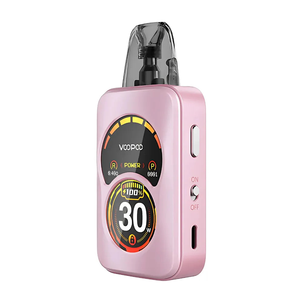 Pink vape device with digital display on a white background