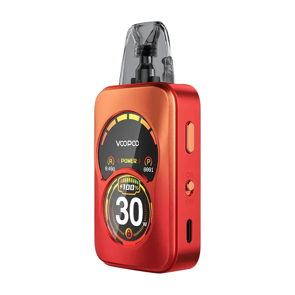 Red vape device with digital display on a white background