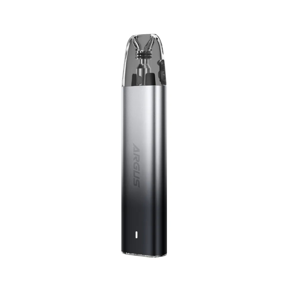 Silver and black ARGUS vape device on a white background