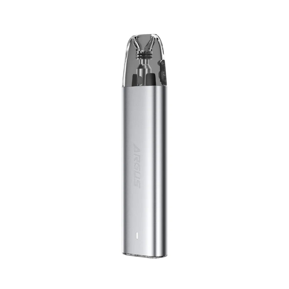 Silver vape device on a white background