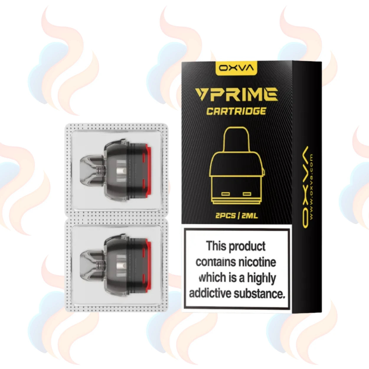 OXVA VPrime Cartridge packaging with two cartridges on a white background