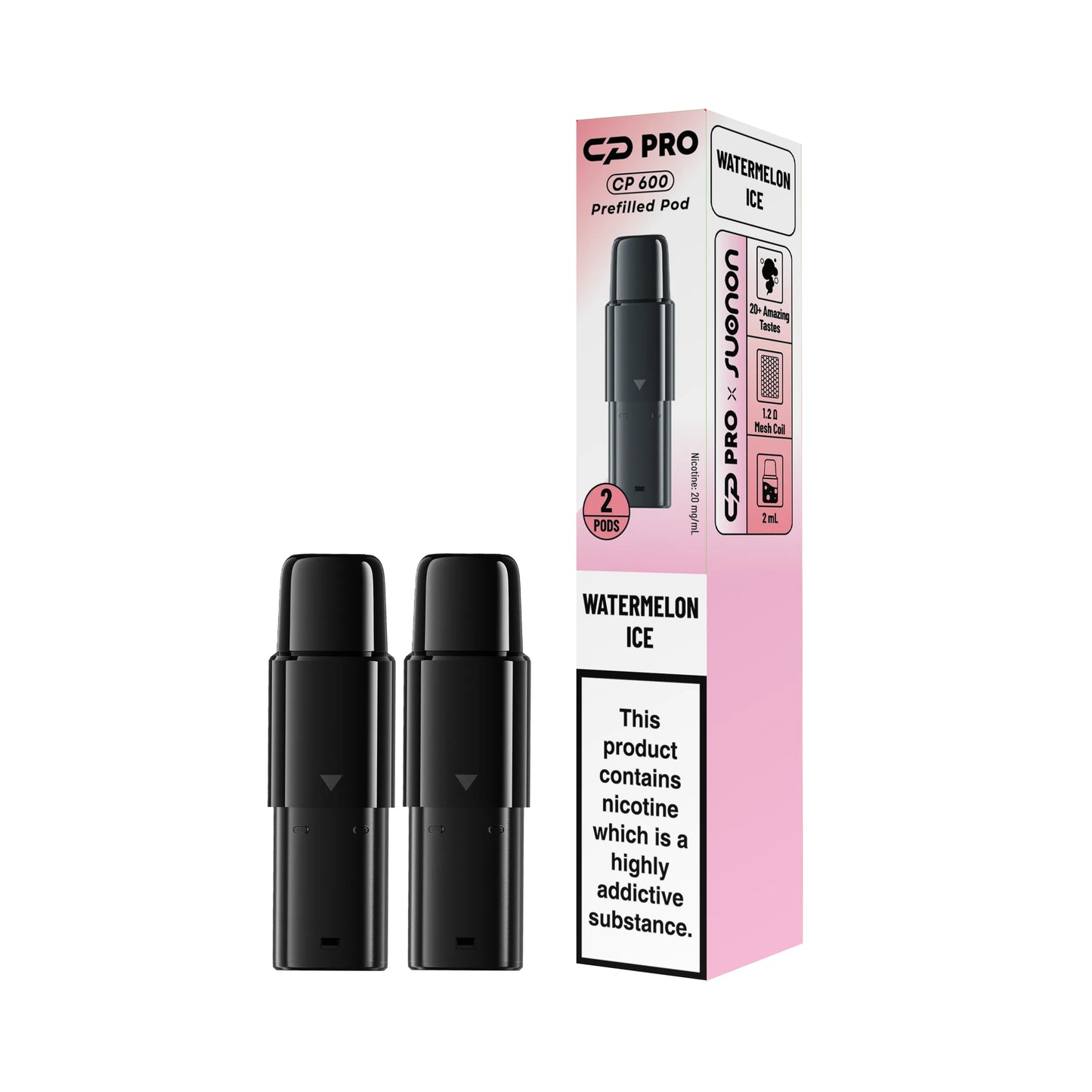 Two Suonon x CP Pro CP600 vape pods in watermelon ice flavour with packaging on a white background