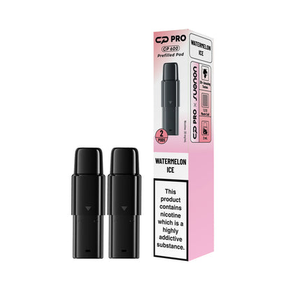 Two Suonon x CP Pro CP600 vape pods in watermelon ice flavour with packaging on a white background