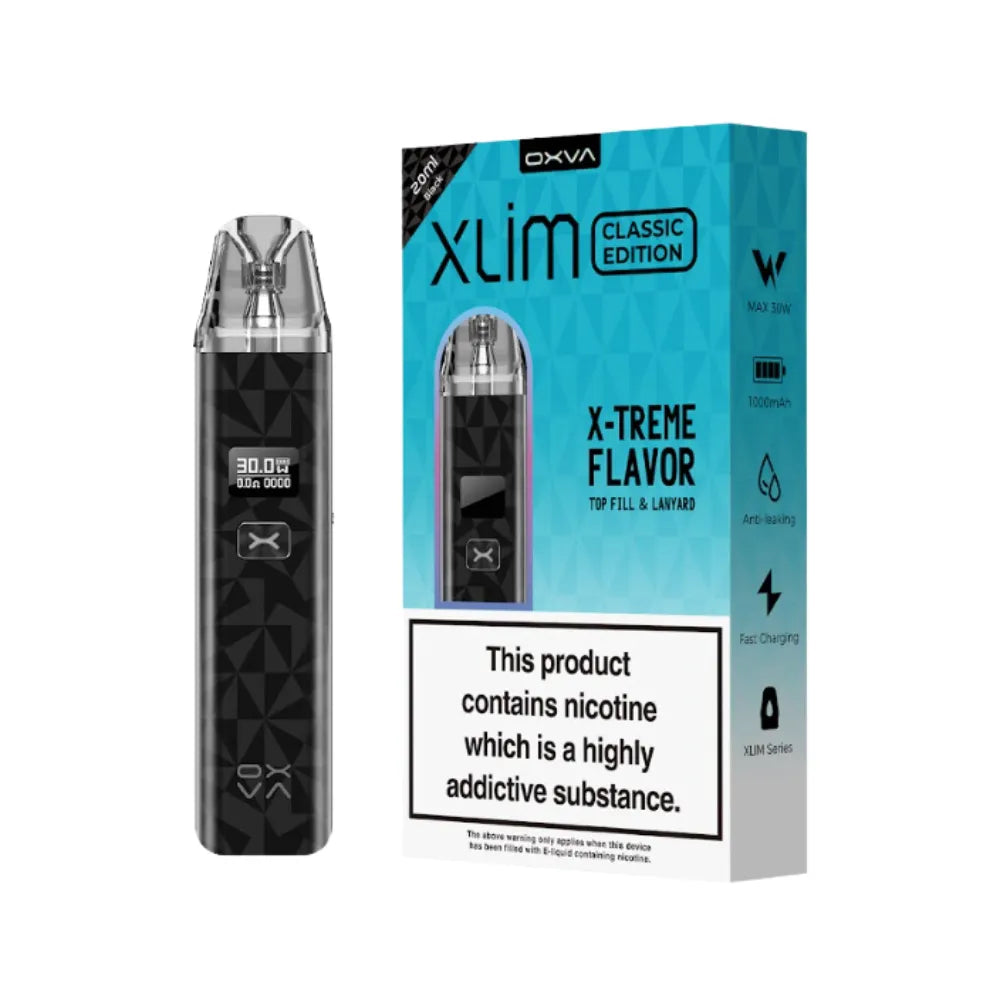 OXVA Xlim vape device and packaging on a white background