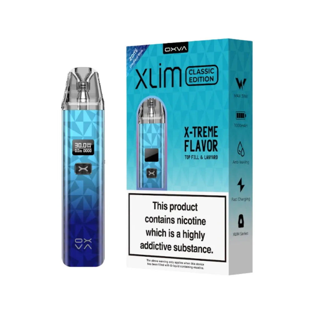 OXVA Xlim vape device and packaging on a white background