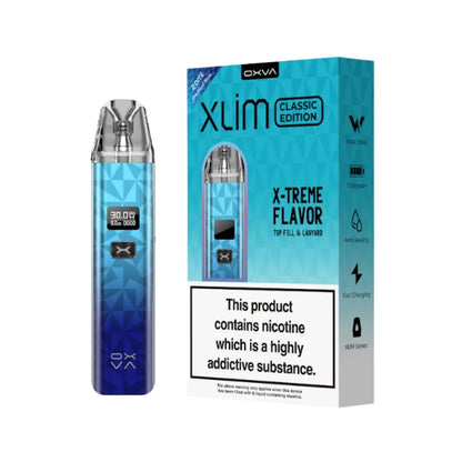 OXVA Xlim vape device and packaging on a white background