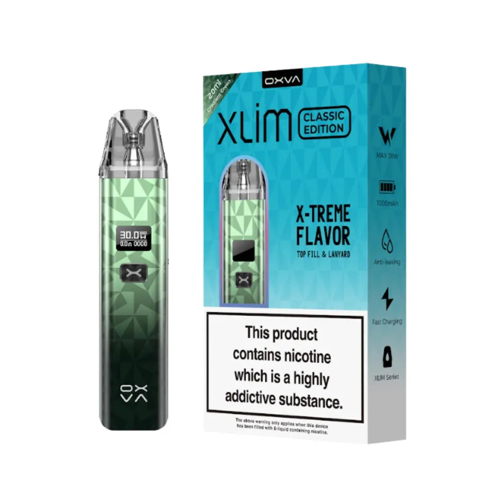 OXVA Xlim vape device and packaging on a white background