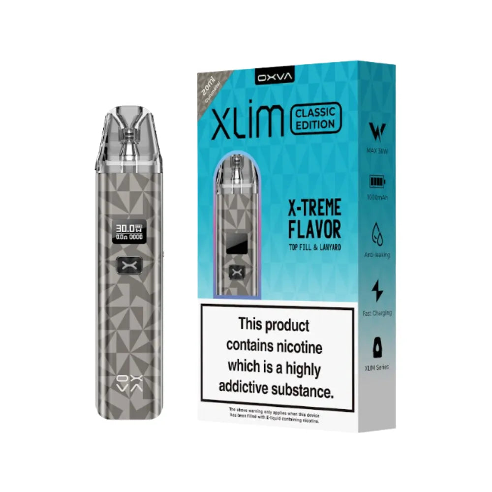 Oxva Xlim vape device and packaging on a white background