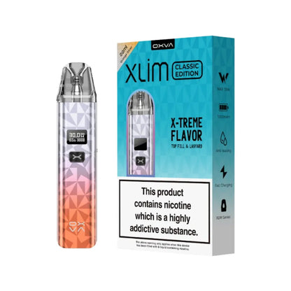 OXVA Xlim vape device and packaging on a white background