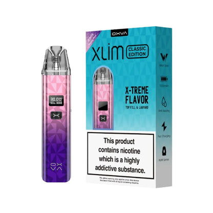 Pink and purple vape device with blue packaging on a white background