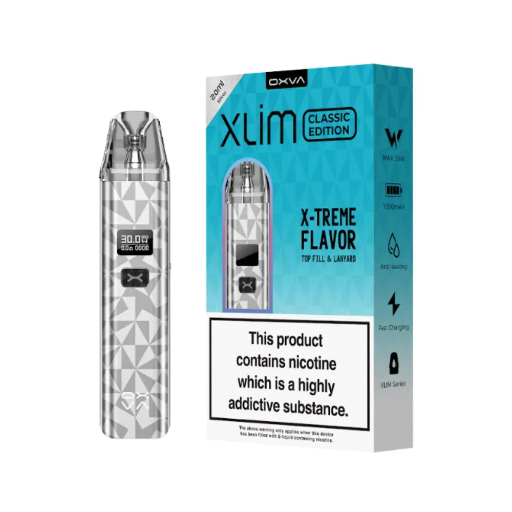 Vaping device and packaging with 'OXVA Xlim' branding on a white background