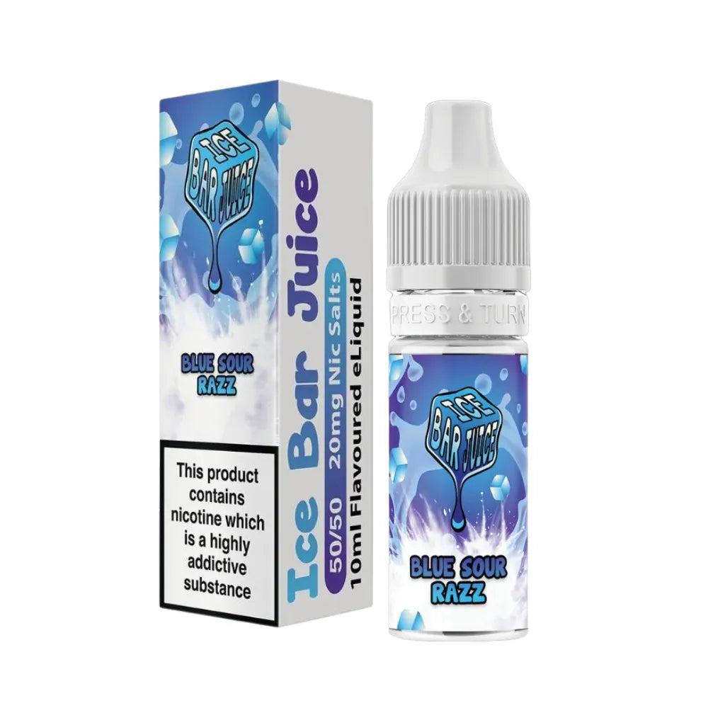 Ice Bar Juice Blue Sour Razz e-liquid packaging on a white background