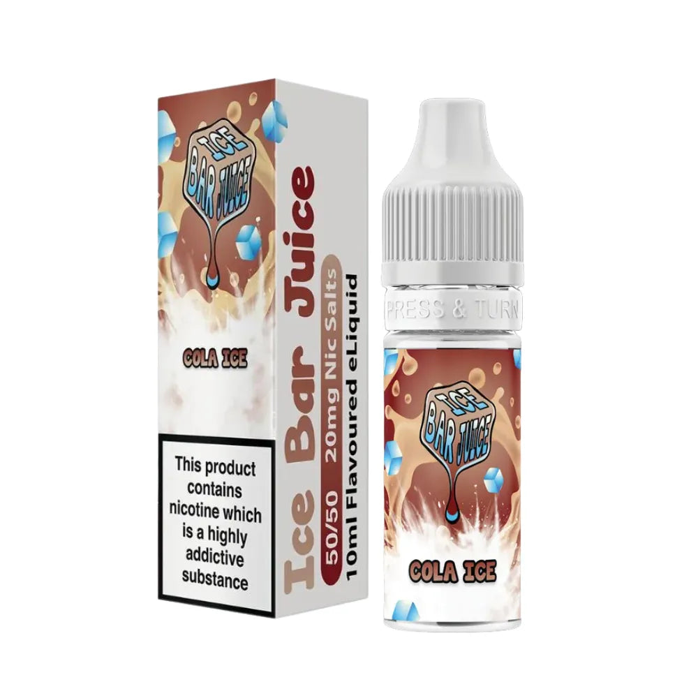 Ice Bar Juice Cola Ice e-liquid bottle and packaging on a white background