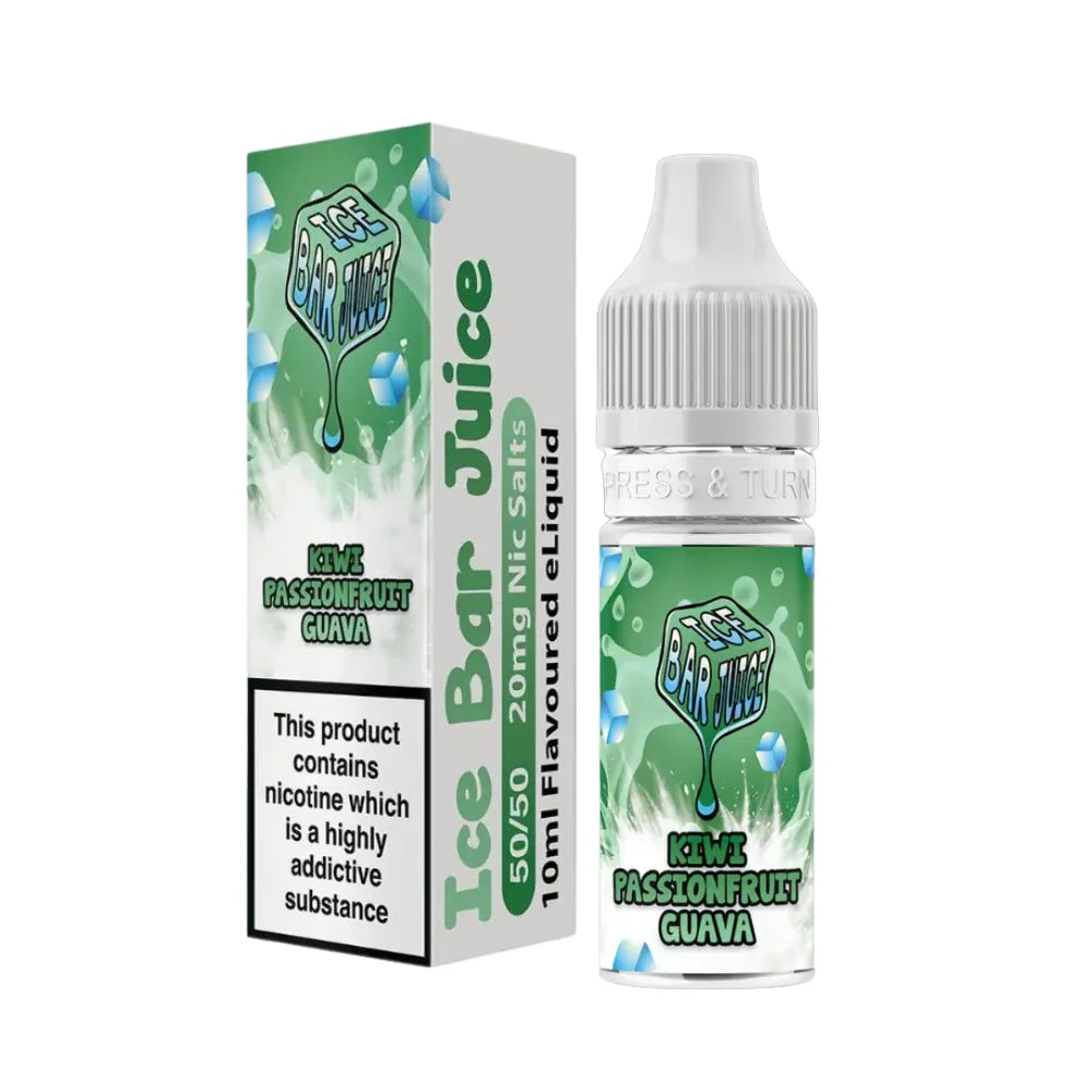 Ice Bar Juice Kiwi Passionfruit Guava e-liquid bottle and packaging on a white background
