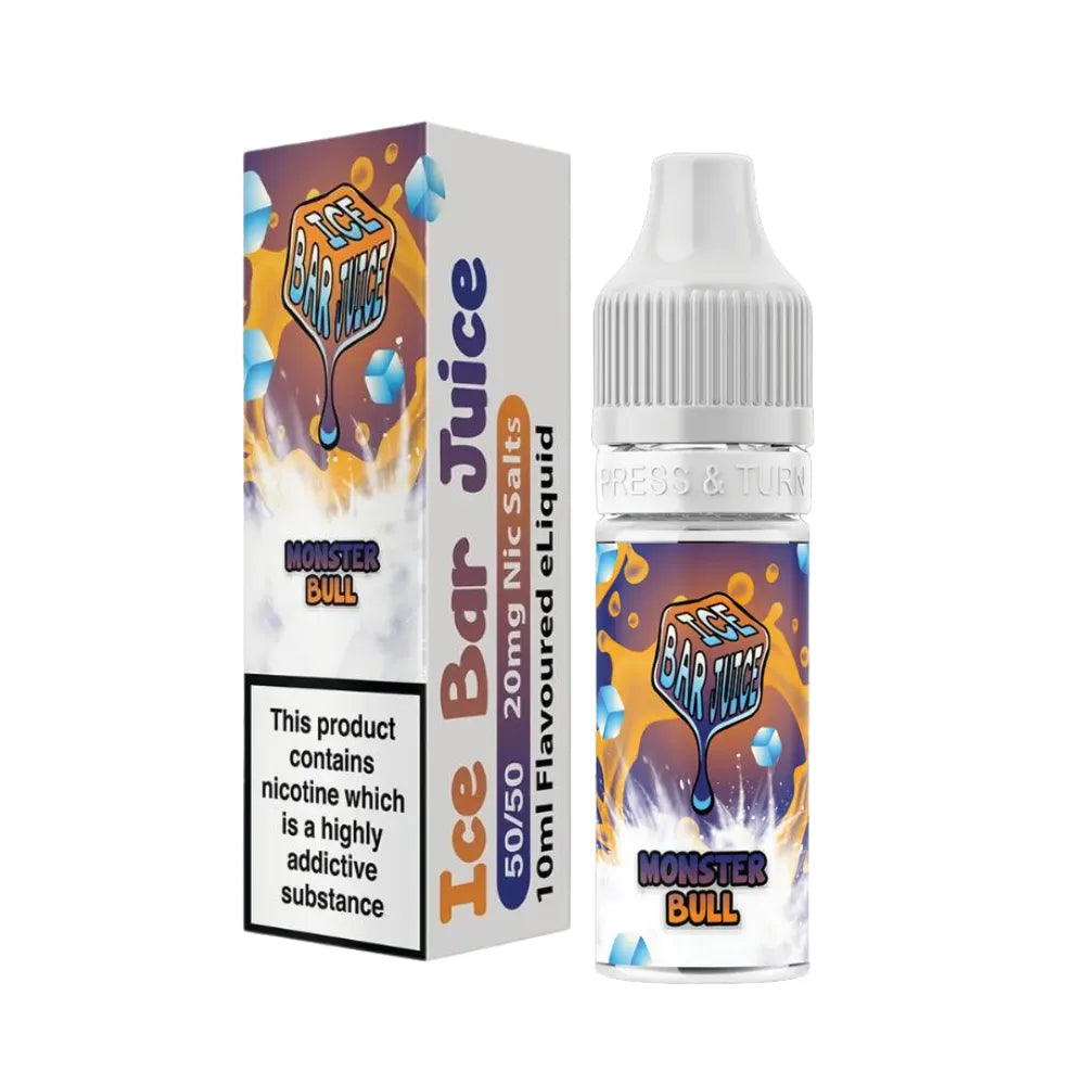 Ice Bar Juice Monster Bull e-liquid bottle and packaging on a white background